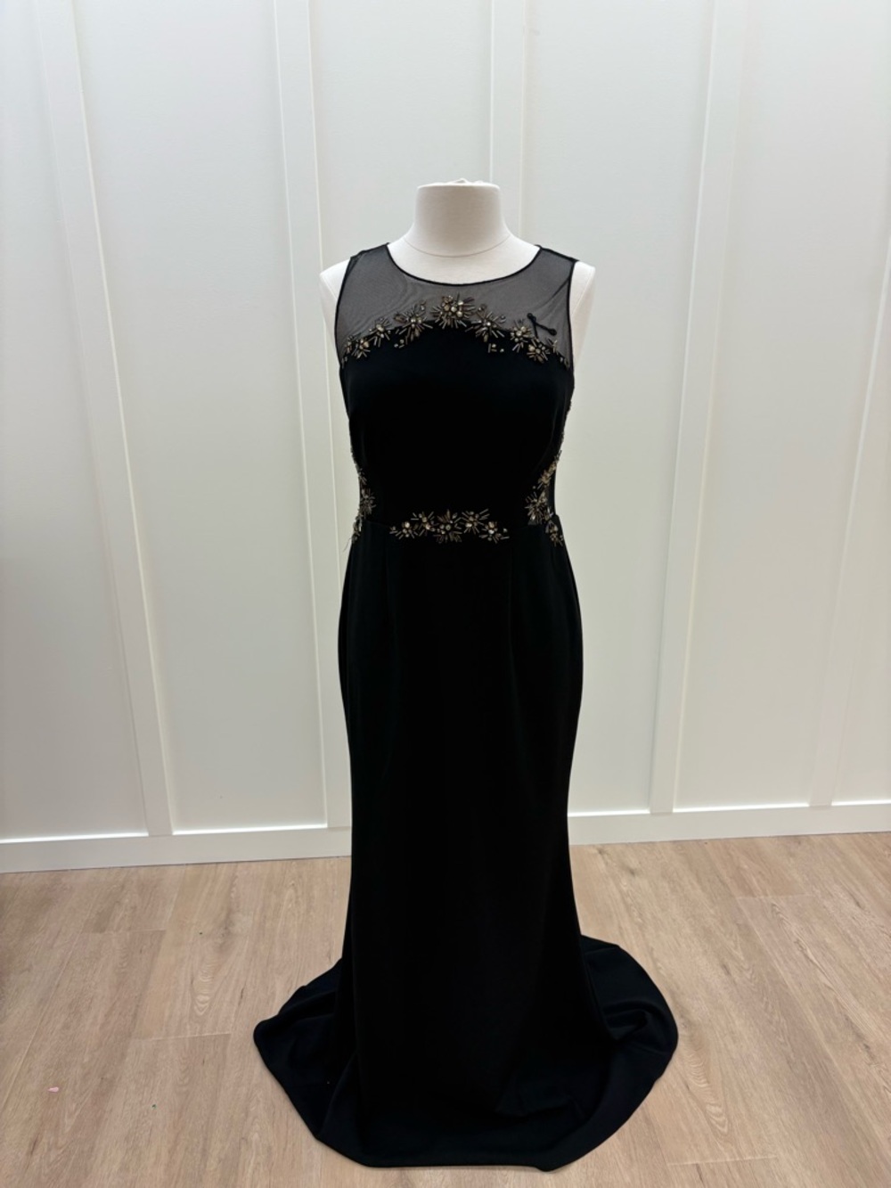 Adrianna Papell Black Maxi Gown with Gold Beaded Accents